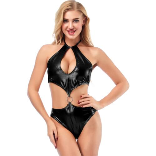 Sexy bikini Bright skin halter Hollowing out Frenulum Metal ring Sun bath bikinis swimwear one piece swimsuit women biquini