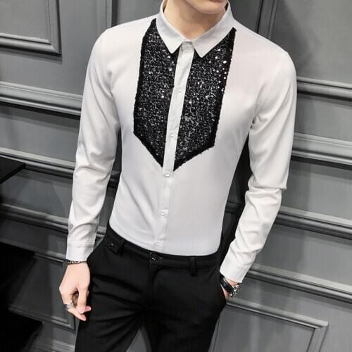 Chic Men Shirt Fashion 2020 Front Sequins Decor Tuxedo Shirt Dress Long Sleeve Simple Streetwear Slim Fit Casual Blouse Homme