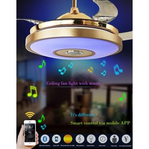 LED Modern Bluetooth Music Fan Light Ultra-quiet Intelligent Remote Control Telescopic Ceiling Fan Light Restaurant Living Room