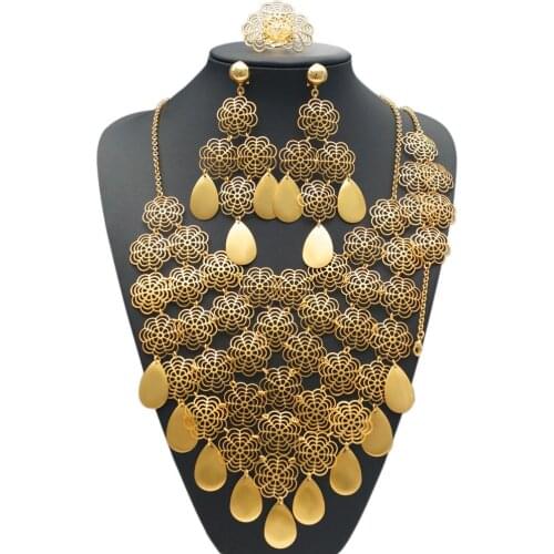 Yulaili Classic Style Combine Flowers and Leaves Design Big Pendant Necklace Earrings Bracelet RIng Dubai Gold Jewelry Sets