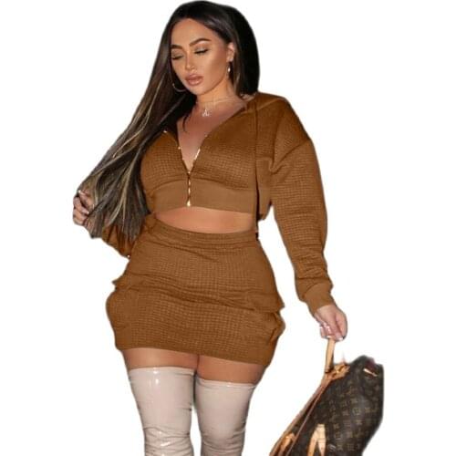 Check womens 2-piece zipper hoodie sweatshirt mini skirt pocket casual sportswear streetwear 2021 spring and autumn suit