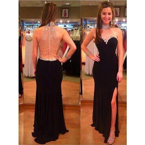 Beading Back Bling Evening Dresses High Slit Sexy Formal Gown Black Sheath Prom Dresses Long caftan marocain dubai evening dress