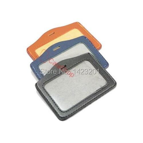 20 Pcs / Lot ID Card Leather Badge Holder Business Office Horizontal With Slot Holes Brown Black Blue