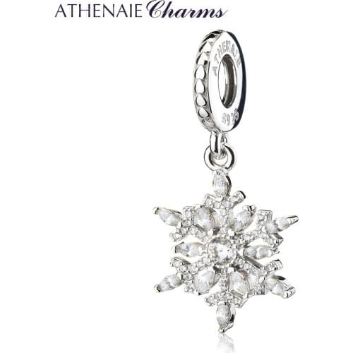 ATHENAIE 925 Sterling Silver Pave Clear CZ Frozen Snowflake Silver Dangle Pendant Drops Fits European Charms Necklace Bracelets