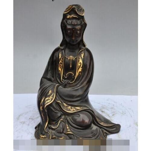 Free shipping S01991 11"old china pure Purple bronze gilt gold Kwan-Yin guanyin goddess buddha statue
