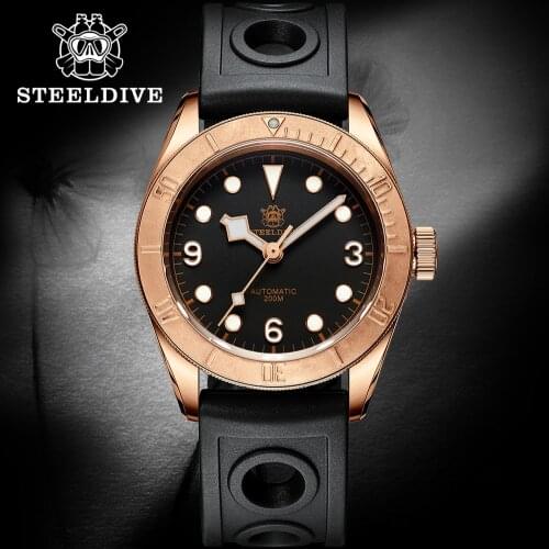 Steeldive SD1958S Mens Bronze Watch 41mm Black Dial Sapphire Crystal 200M Water Resistance NH35 Automatic Movement Mens Watch