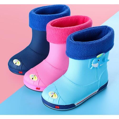 Kids girls rain boots boys shoes non-slip children short rain boots baby plush velvet warm shoes waterproof cartoon water boots