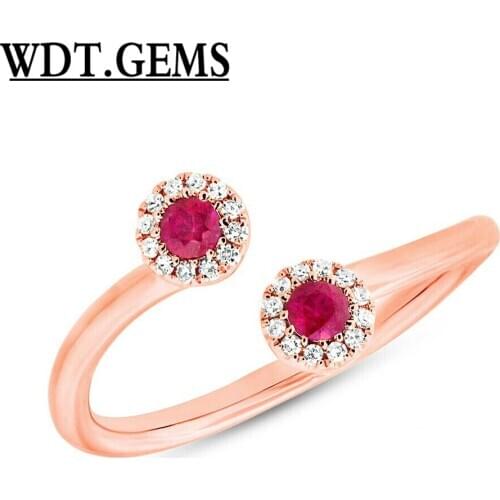 0.27 TCW 10K Rose Gold Natural Round Ruby Diamond 2 Stone Wrap Dainty Open Ring