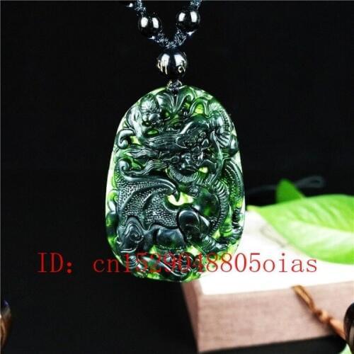 Certified Chinese Natural Black Green Jade Wing Dragon Pendant Necklace Obsidian Charm Jewelry Carved Amulet Gifts for Women Men