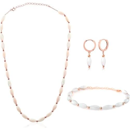 High Quality 925 Sterling Silver Rose Gold Plated Pearl Set Necklace Earring Bracelet Jewelry Set
