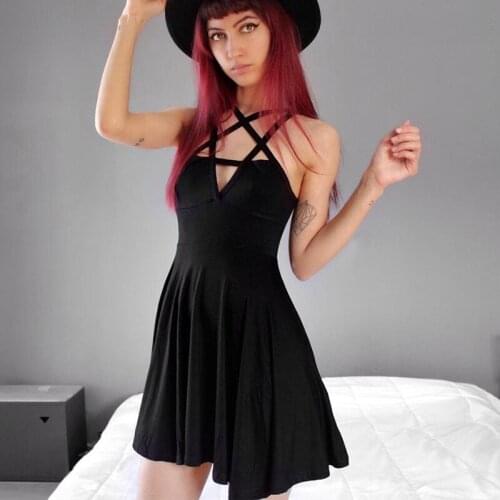 Summer V-Neck Sleeveless Backless Gothic Mini Dress Criss-Cross Hollow Out Sexy Party Dress Chest Strap Goticos Para Mujer Dress