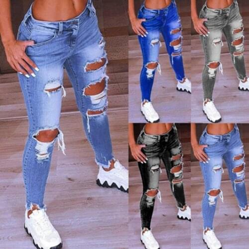 Fashion Women Jeans Low Waist Hip Lift Ripped Holes Skinny Denim Pencil Pants Trousers for Work
