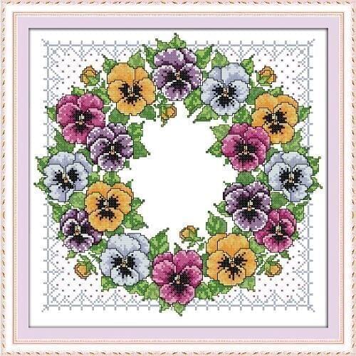 Joy Sunday Pansy Wreath Chinese Cross Stitch Kits Ecological Cotton Stamped Printed 14 11CT DIY Gift Wedding Decoration For Home