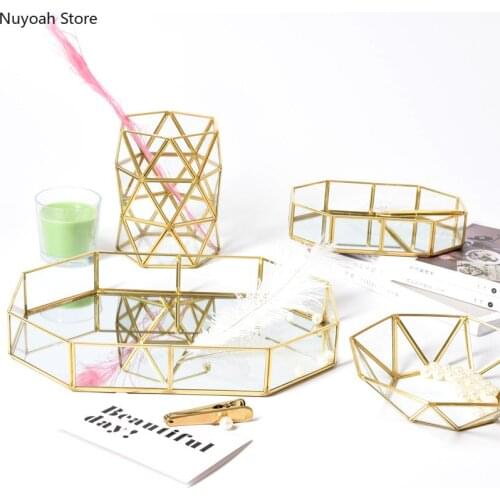 Nordic Glass Storage Tray Retro Copper Strip Jewelry Tray Decorative Ornaments Dessert Tray Living Room Polygon Display Tray