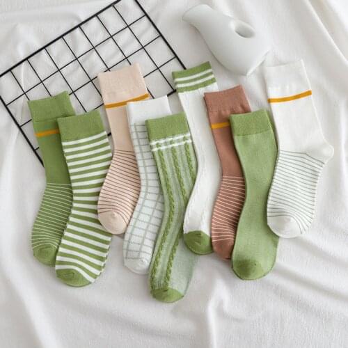 9Pairs Avocado Green Womens Mid-tube Socks Japanese Girl Matcha Plaid Autumn and Winter Ins Tide Harajuku Cotton Socks Female