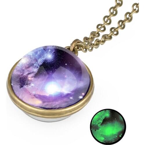 New Arrival Luminous Nebula Necklace Double Sided Glass Cabochon Galaxy Space Pendant Necklace Solar System Art Picture Chain