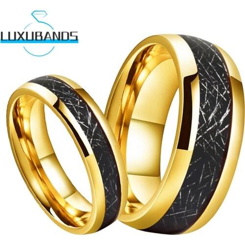6MM Gold Tungsten Wedding Rings For Men Women Black Meteorite Inlay Engagement Bands Polished Finished Comfort Fit