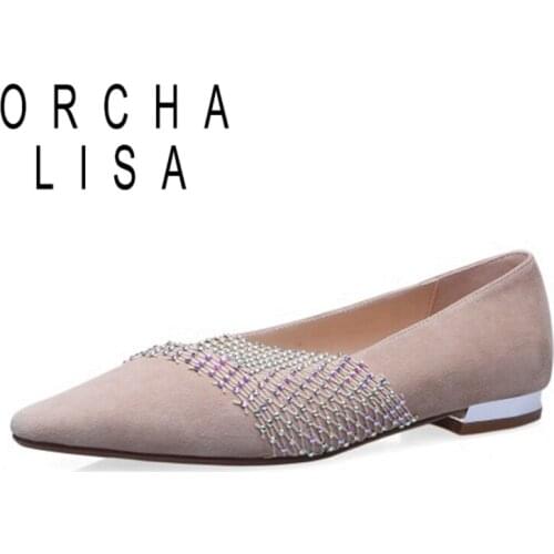 ORCHA LISA 2021 Kid Sueder Pumps Rhinestone Pointed Toe Lofers Flat Mesh Slip On 2cm Chunky Heel US12 Apricot Black A4257