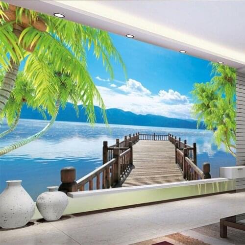Custom Photo Wallpaper Modern Seaside Landscape Wood Bridge Mural Wall Paper Living Room Bedroom Backdrop Wall Home Decor Fresco