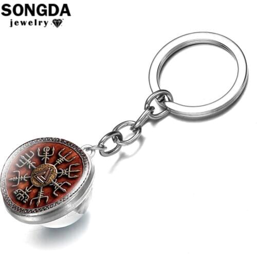SONGDA Classic Retro Viking Compass Pattern Keychain Nordic Runes Painted Double Side Glass Ball Keyring Car Key Chain Talisman