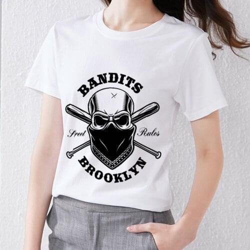 Womens White T-shirt Personality Masked Devil Skull Print Shirt Street Slim Casual Round Neck Commuter Short Sleeve Shirt Top