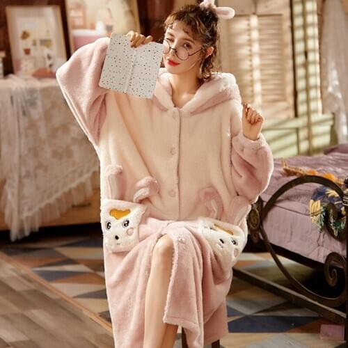 Women Sleepwear Winter Pajamas Coral Fleece Pyjamas Loose Version Intensification Hooded Medium Style Plus Size Flannel Nighty