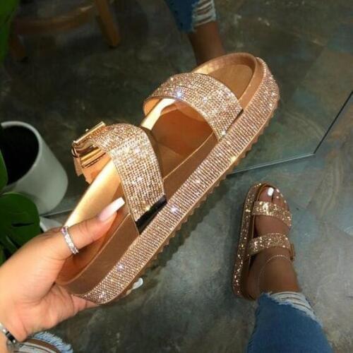 Women Summer Sandals Casual Shining Rhinestone Outside Wild Beach Slippers Side Beading Female Home Travel Flip Flop Sliders