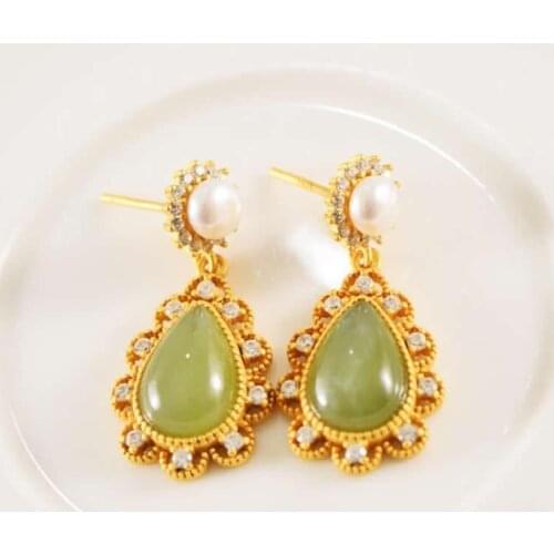 Pure S925 Silver Earrings Women Green Jadeite Water drop Dangle Earrings