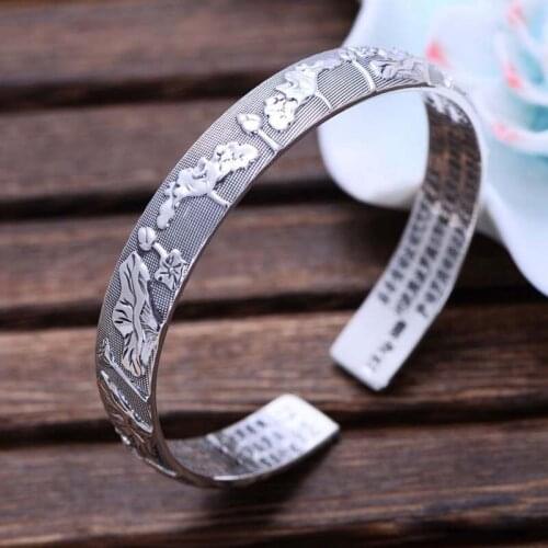 MeibaPJ Real 999 Sterling Silver Retro Relief Lotus Heart Sutra Opening Womens Bracelet Exquisite Party Jewelry