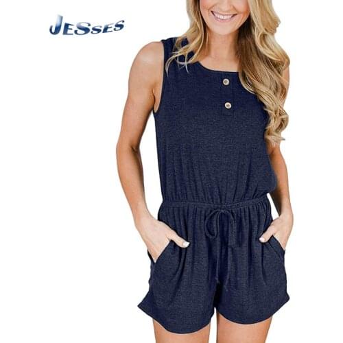 Ladies Shorts Jumpsuit Casual Sleeveless O Neck Bodysuit Pure Color Strap Summer Rompers Loose Spring Women Straight Playsuits