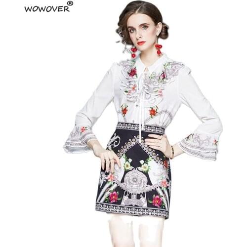 Runway Fashion Designer Womens Summer Suit 2021 New Elegant Ruffles Floral Print Flare Sleeve Shirt+High Waisted Skirt Sets