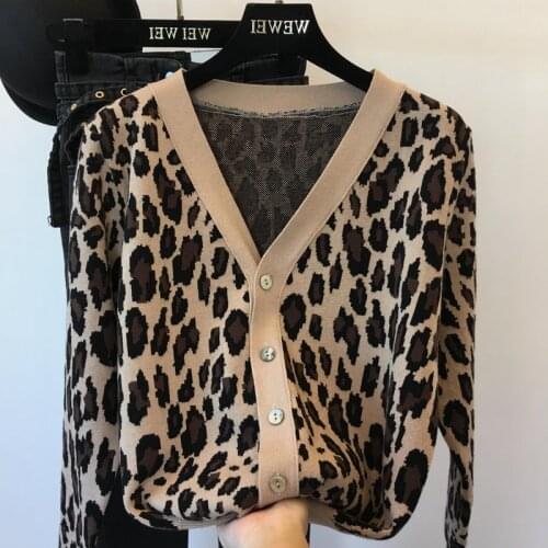 V Neck Women Single Breasted Leopard Print Cardigan 2021 Long Sleeve Sweater Spring Autumn Knitted Loose Oversized Jumper Casual