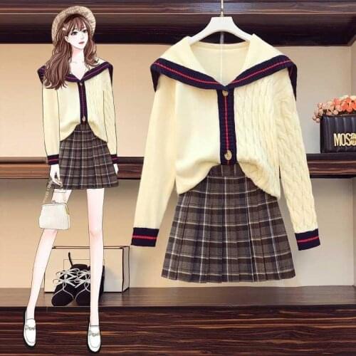 Womens Autumn New Fashion Doll Collar Sweater + Pleated Skirt Two-Piece Sets cute girl Suits