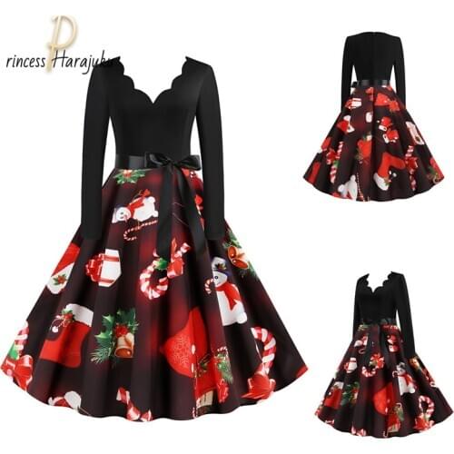 2020 Black Big Swing Vintage Christmas Dress Women Winter Casual Knitting Long Sleeve V Neck Sexy New Year Party Dress Plus Size