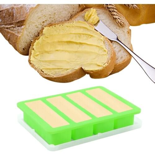 1 PCS Green Silicone Butter Tray Mold with Lid Storage Jar Large 4 Cavities Rectangle Container for Butter, Soap, Cake