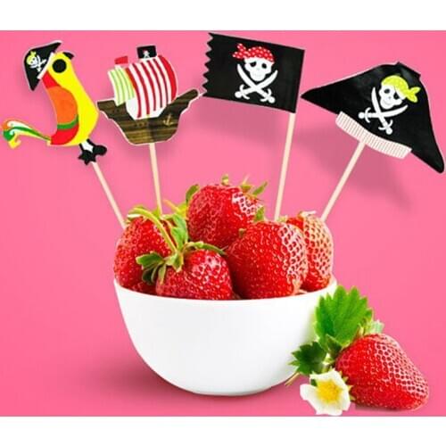 20pcs Cake Toppers Pirate Theme Fruit Picks Insert Card Halloween Party Decor