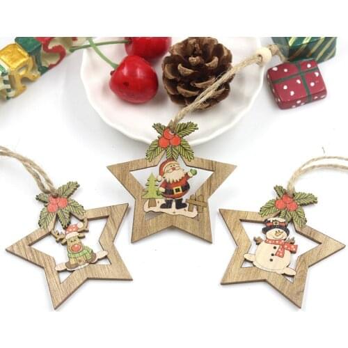 4PCS Star Printed Wooden Pendants Ornaments Xmas Tree Ornament DIY Wood Crafts Kids Gift For Home Christmas Party Decorations