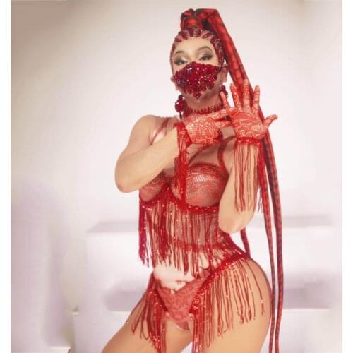 Sexy Red Fringed Bodysuit Big Braids Hair Accessories Headwear Drag Queen Costume Festival Clothes Rave Outfit Dress Set XS2512