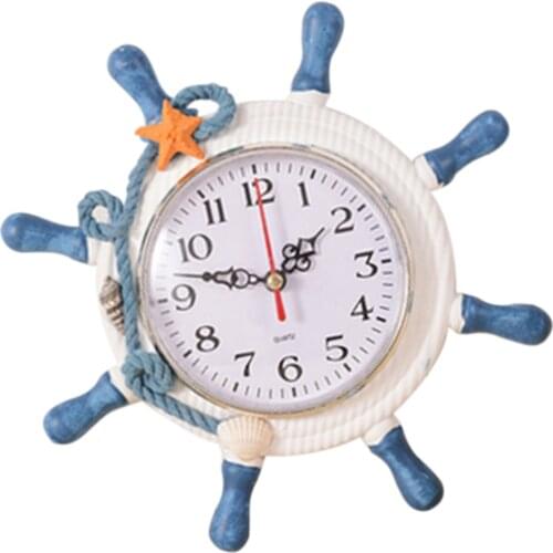 Mediterranean Style Wooden Steering Wheel Wall Clock Desk Alarm Clock Home Decor