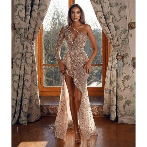 Elegant Prom Dress One Shoulder Sequins Evening Dress Custom Made Split Floor Length Party Dress