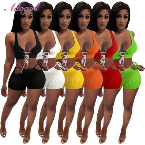 Fitness Summer Sport Two Piece Set Solid Color Lace Up Bandage Tank Tops Bikers Shorts Pants Outfit Tracksuit Party Club Suit