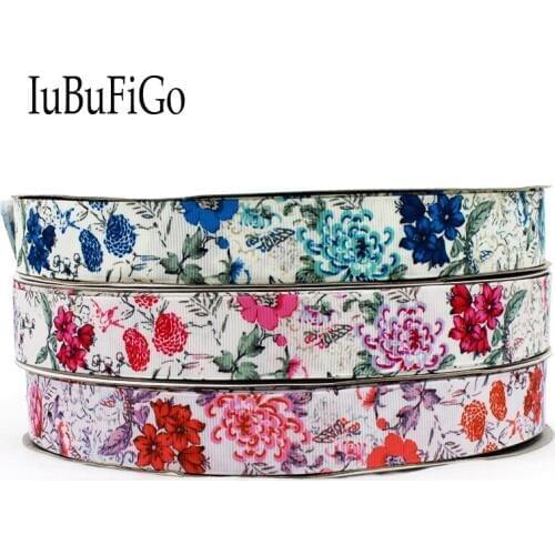 IuBuFiGo 1" Flower Printed Grosgrain ribbon 25mm Cartoon gift ribbon bows for needlework DIY headband tape 1213