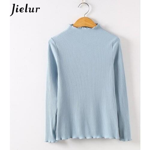 Jielur 5Colors Women T-shirt Half Turtleneck Fall Long Sleeve Female Tops Slim Korean T Shirt Femme Chic Vintage Tee Shirts S-XL