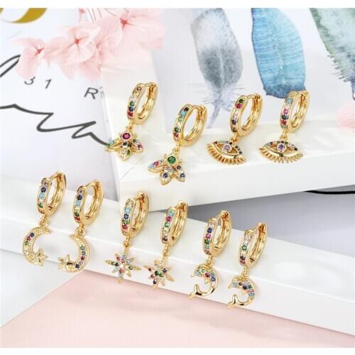 Dayoff Korea Colorful Rhinestone Hoop Earrings Zircon Moon Bee Eye Whale Hoop Earrings for Womens Earrings Ear Jewelry E734