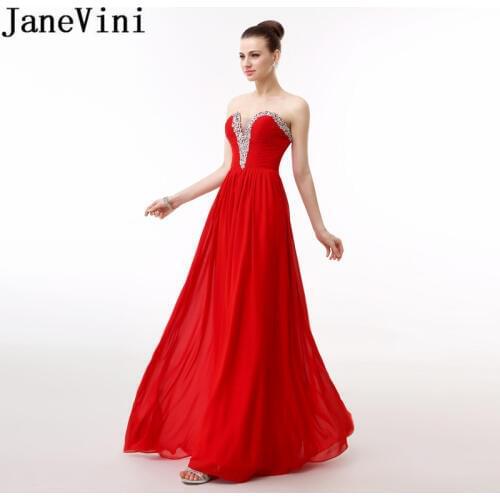 JaneVini Red Chiffon Bridesmaid Dresses Long 2018 Crystal Sweetheart A Line Party Dress Wedding Guest Suknia Na Wesele Damska