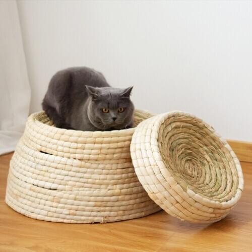 Natural Pet Cat Round Bowl Straw Mat Scratch Board Pad Summer Rest Bed Scratching Toy Kitten Sofa Rabbit Nest Cat Accessories