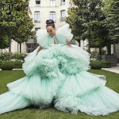 Extra Puffy Mint Tulle Prom Dresses Ruffled Tiered Lush Long Evening Dress Party Night Gowns 2021 Amazing Ball Gown Prom Dress