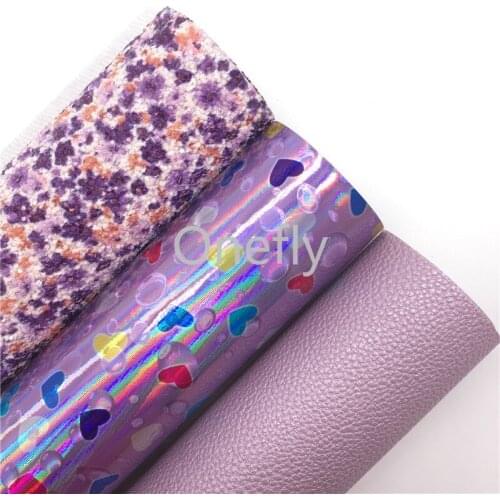 Onefly 21X29CM Purple Printed Glitter Fabric, Iridescent Hearts Synthetic Leather Sheets For Bow DIY handbags shoes AQ053