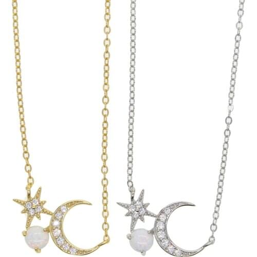 2020 Christmas new fine 925 sterling silver jewelry white fire opal Moon star starburst charm delicate silver necklace