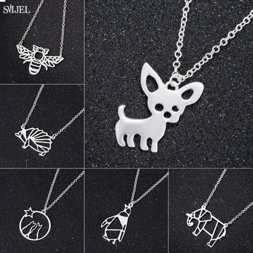 Cute Origami Cat Necklaces for Women Hollow Penguin Chihuahua Hedgehog Elephant Necklace Bee Choker Animal Girls Kids Jewelry